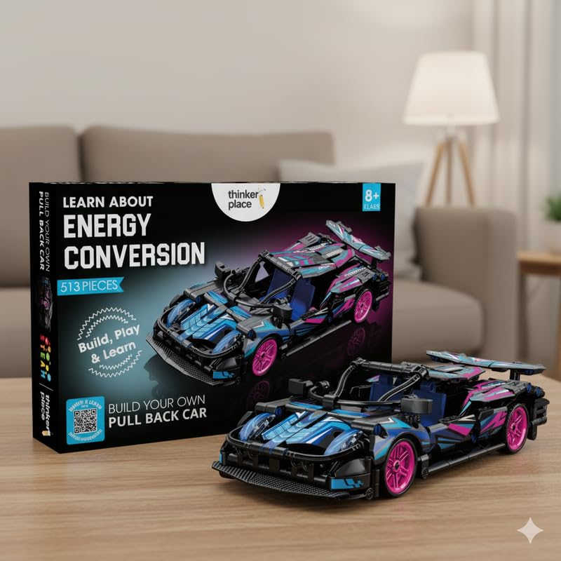 ThinkerPlace 1:18 DIY Blocks Pull-Back Car – Pink & Black | Buildable STEM Construction Racing Toy for KidsV 8+