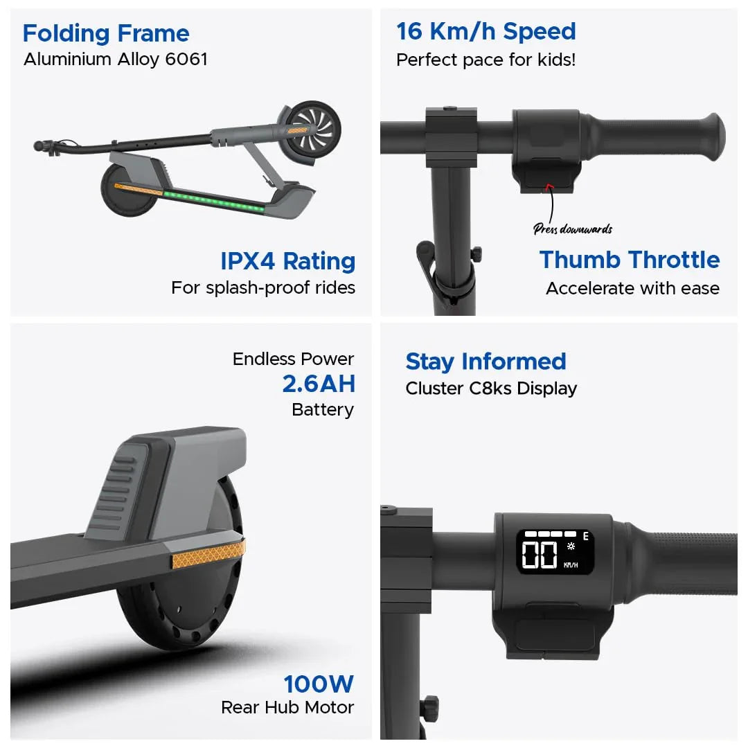 EMotorad Lil E Junior Electric Kick Scooter – Foldable Frame, 100W Motor, 2.6Ah Battery, for Kids 6+ Years - Jaiman Toys