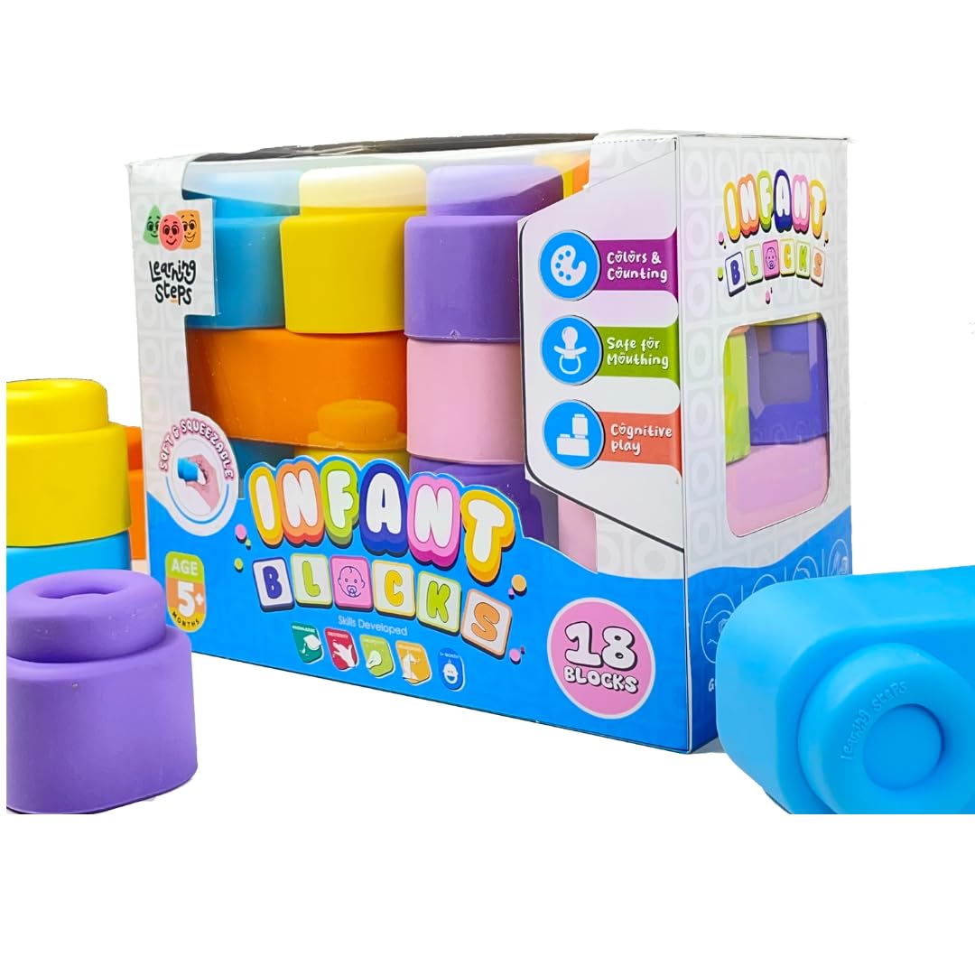 Zephyr Learning Steps Infant Building Blocks – 18 Soft & Squeezable Pieces, Ages 5 Months+