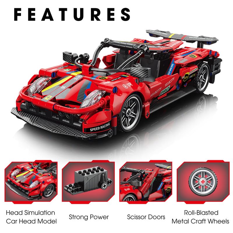 ThinkerPlace 1:18 DIY Blocks Pull-Back Car – Red | Buildable STEM Construction Racing Toy for Kids 8+