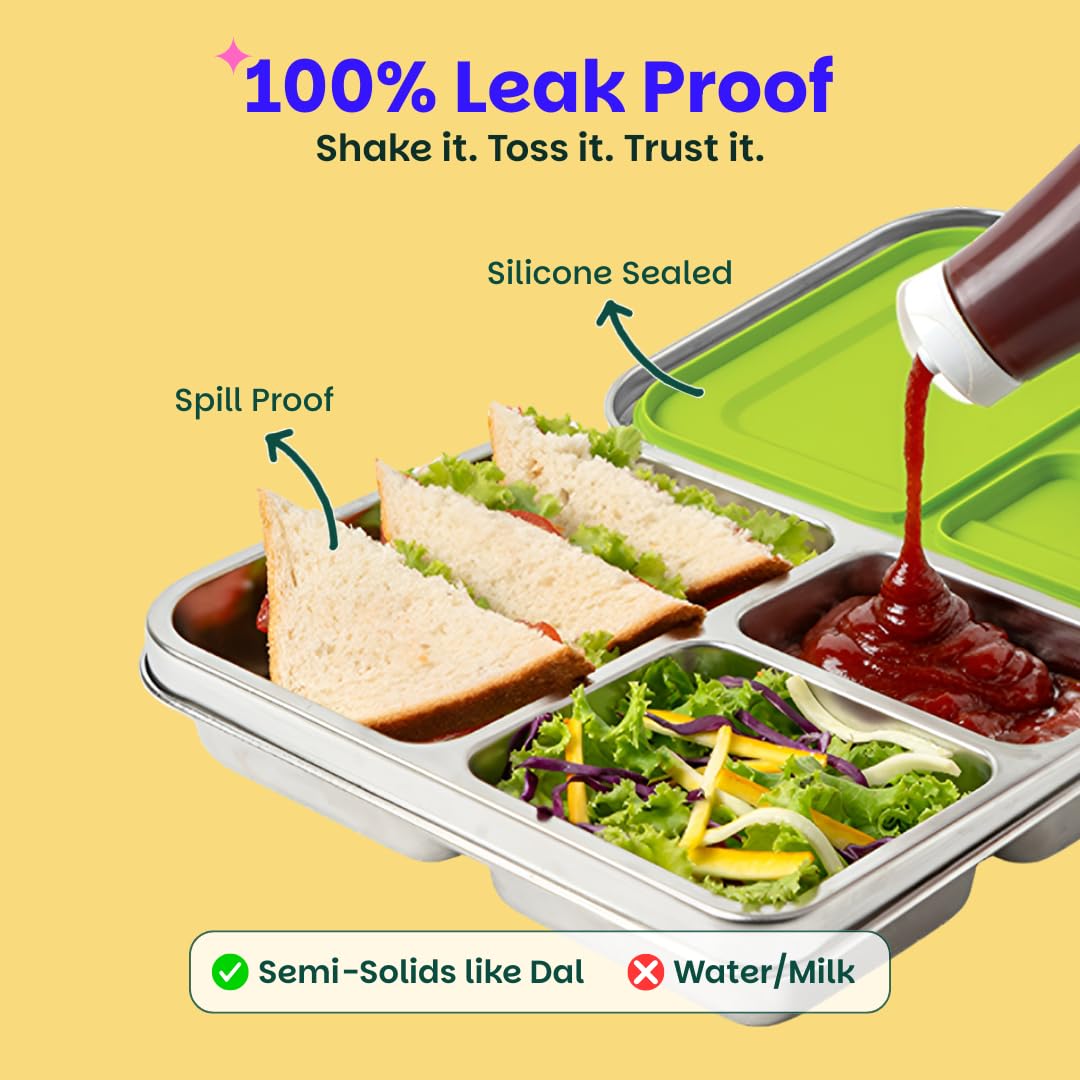 Basil Bento Neo Classic Personalized 3C Steel 1000ml Matcha Stainless Steel Lunch Box with Silicone Seal – 3 Sections, Leakproof for Kids & Adults