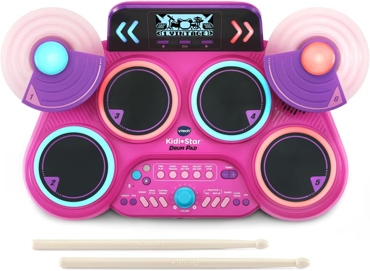 VTech KidiStar Drum Pad, Pink | Kids Electronic Drum Set with Bluetooth, Light-Up Drum Pads, Rhythm Games, Recording Function & Built-in Music Tracks | Interactive Musical Toy