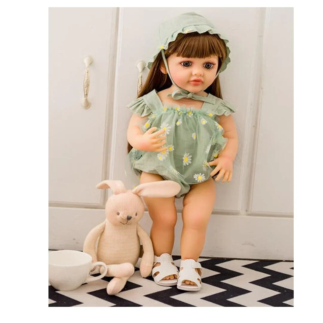 Lifelike Reborn Baby Girl Doll – Toddler with Realistic Sound & Brown Hair & Green Outfit Dress