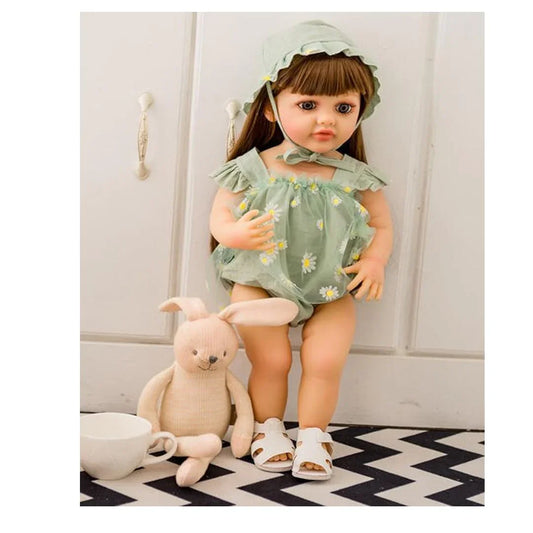 Lifelike Reborn Baby Girl Doll – Toddler with Realistic Sound & Brown Hair & Green Outfit Dress