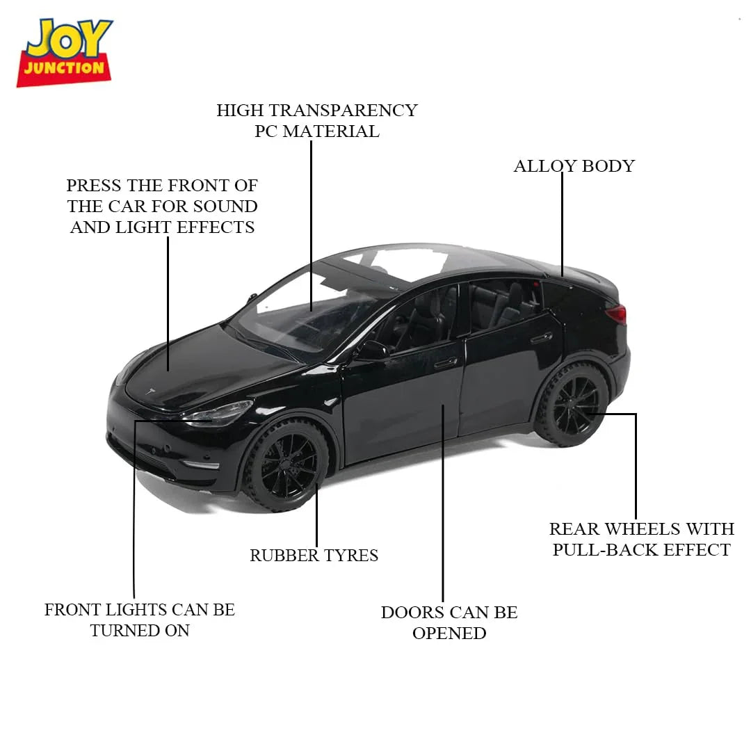 JOY JUNCTION Tesla 1:32 Scale Alloy Metal Pullback Die-Cast Car – Black with Lights, Music & Openable Doors - Jaiman Toys