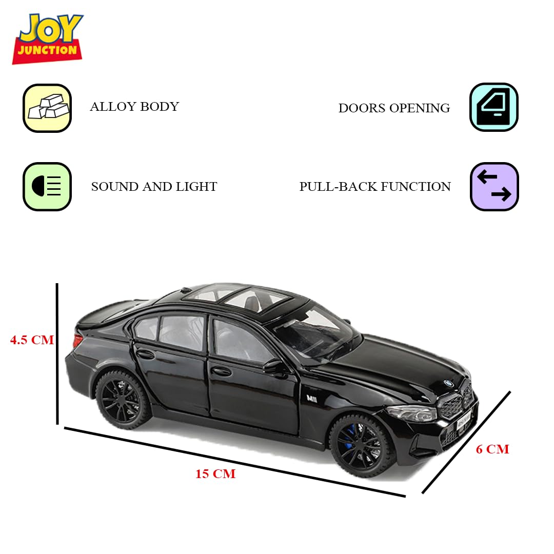 Joy Junction BMW 3 Series 1:32 Die-Cast Car Black – Alloy Metal Pullback Toy Car with Lights, Engine Sound & Opening Doors