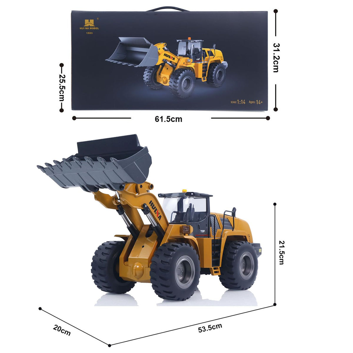HUINA 1583 1:14 Scale RC Wheel Loader | 2.4GHz 10CH Remote Control Construction Vehicle with Electric Lifting Bucket, Lights & Sound | 14+