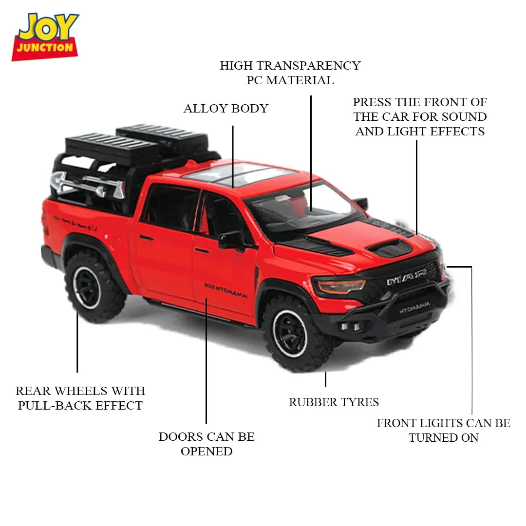 JOY JUNCTION RAM Mammoth Pick-Up 1:32 Scale Alloy Metal Pullback Die-Cast Car – Red Model with Lights, Music & Openable Doors - Jaiman Toys