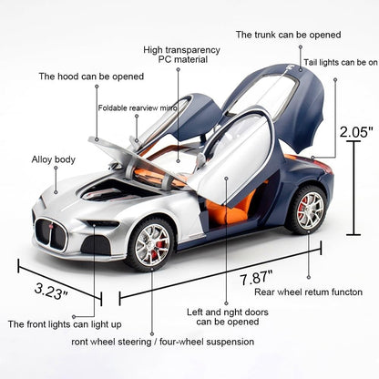 Joy Junction 1:24 Bugatti Chiron Atlantic Scale Die-Cast Model Car with Sound, Light & Pull Back Action – Premium Metal Hypercar Collectible (Silver/Black)