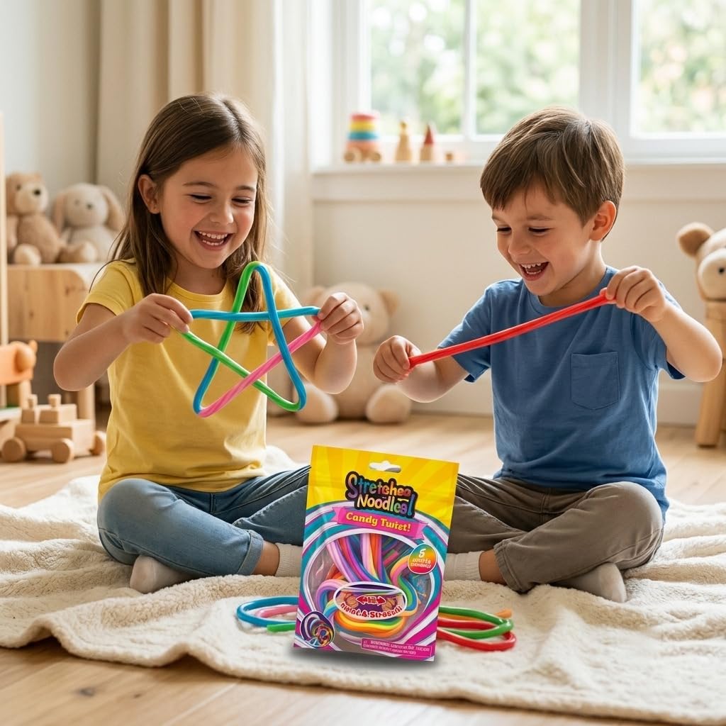 Stretchee Noodles Candy Twist Stretchy Fidget Toy – 5 Pc Colorful Sensory Noodle Strings for Stress Relief, Tactile Play & Calming – Flexible Stretch Toys for Kids & Adults