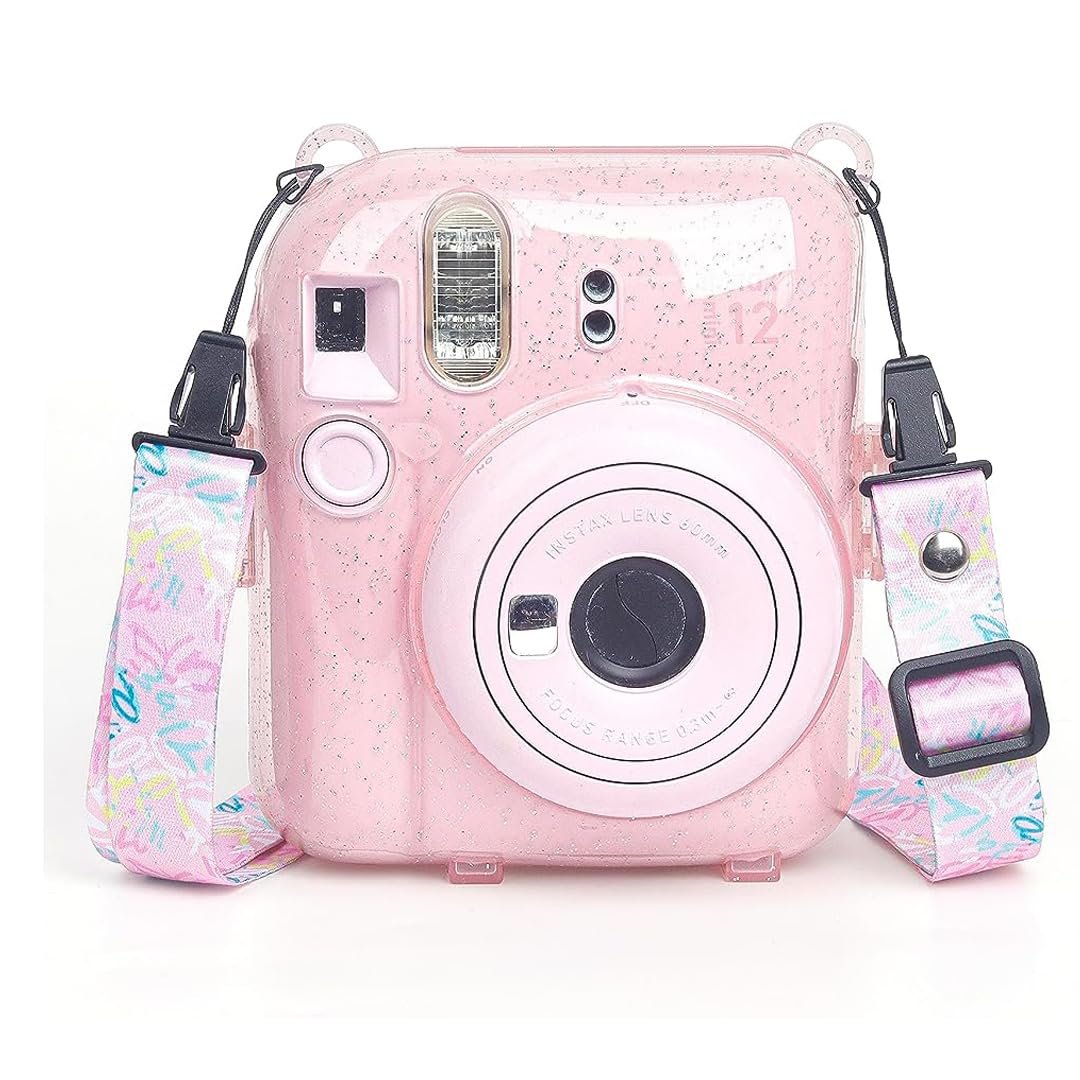 Fujifilm Instax Clear Storage Case for Instax Mini 12 Camera Case Transparent with Shoulder Strap and Camera Sticker with Photo Pocket for Store 10 Photos- Blossom Pink