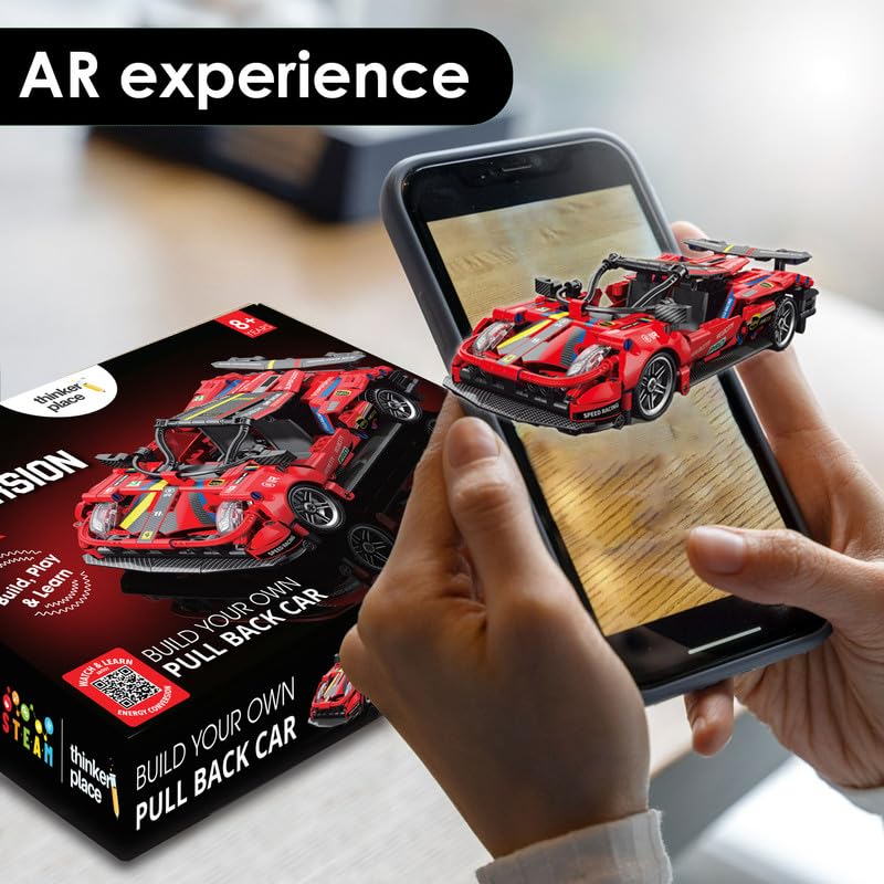 ThinkerPlace 1:18 DIY Blocks Pull-Back Car – Red | Buildable STEM Construction Racing Toy for Kids 8+
