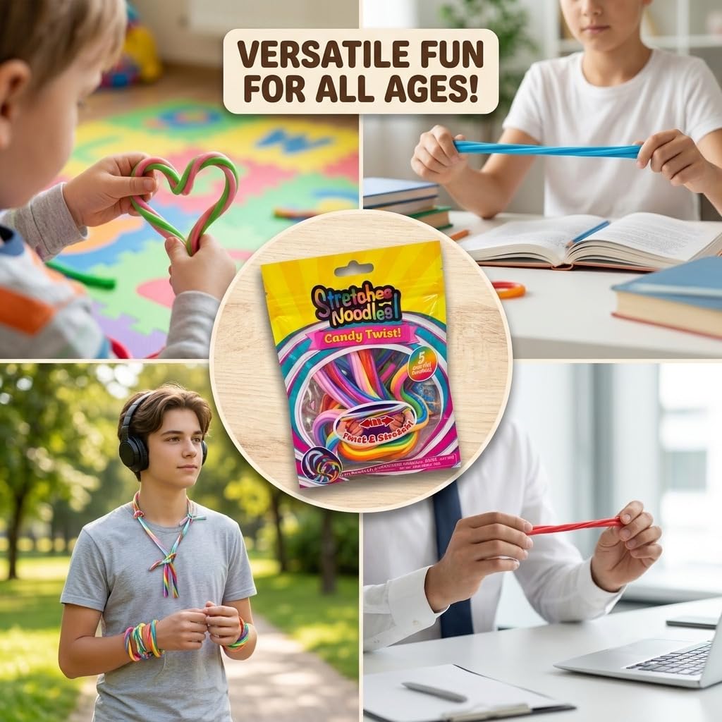 Stretchee Noodles Candy Twist Stretchy Fidget Toy – 5 Pc Colorful Sensory Noodle Strings for Stress Relief, Tactile Play & Calming – Flexible Stretch Toys for Kids & Adults