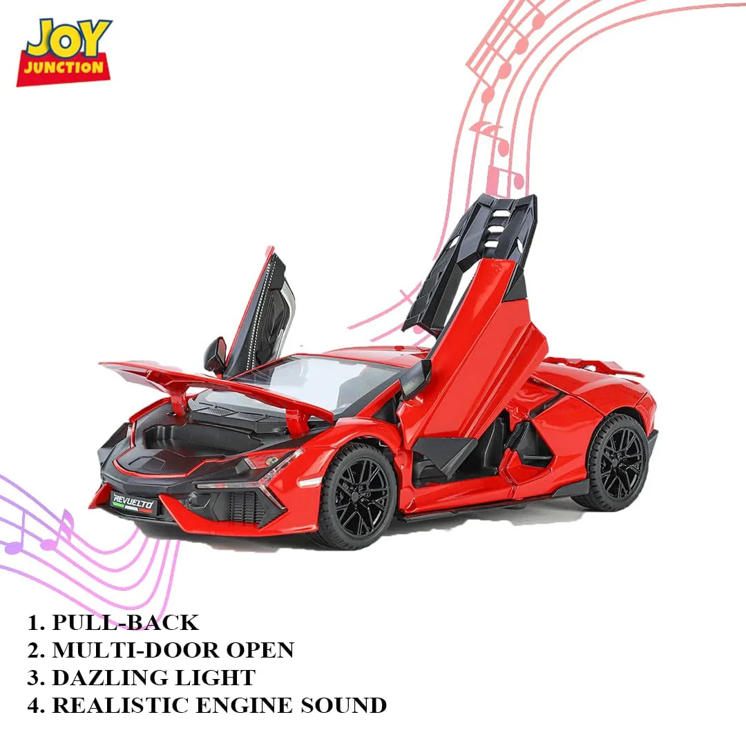 1:24 Lamborghini Street Car Die-Cast Metal Model – Pull Back Alloy Toy Car with Openable Doors, Light, Music & Display Bracket (Red) - Jaiman Toys
