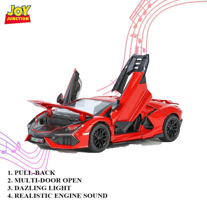 1:24 Lamborghini Street Car Die-Cast Metal Model – Pull Back Alloy Toy Car with Openable Doors, Light, Music & Display Bracket (Red) - Jaiman Toys