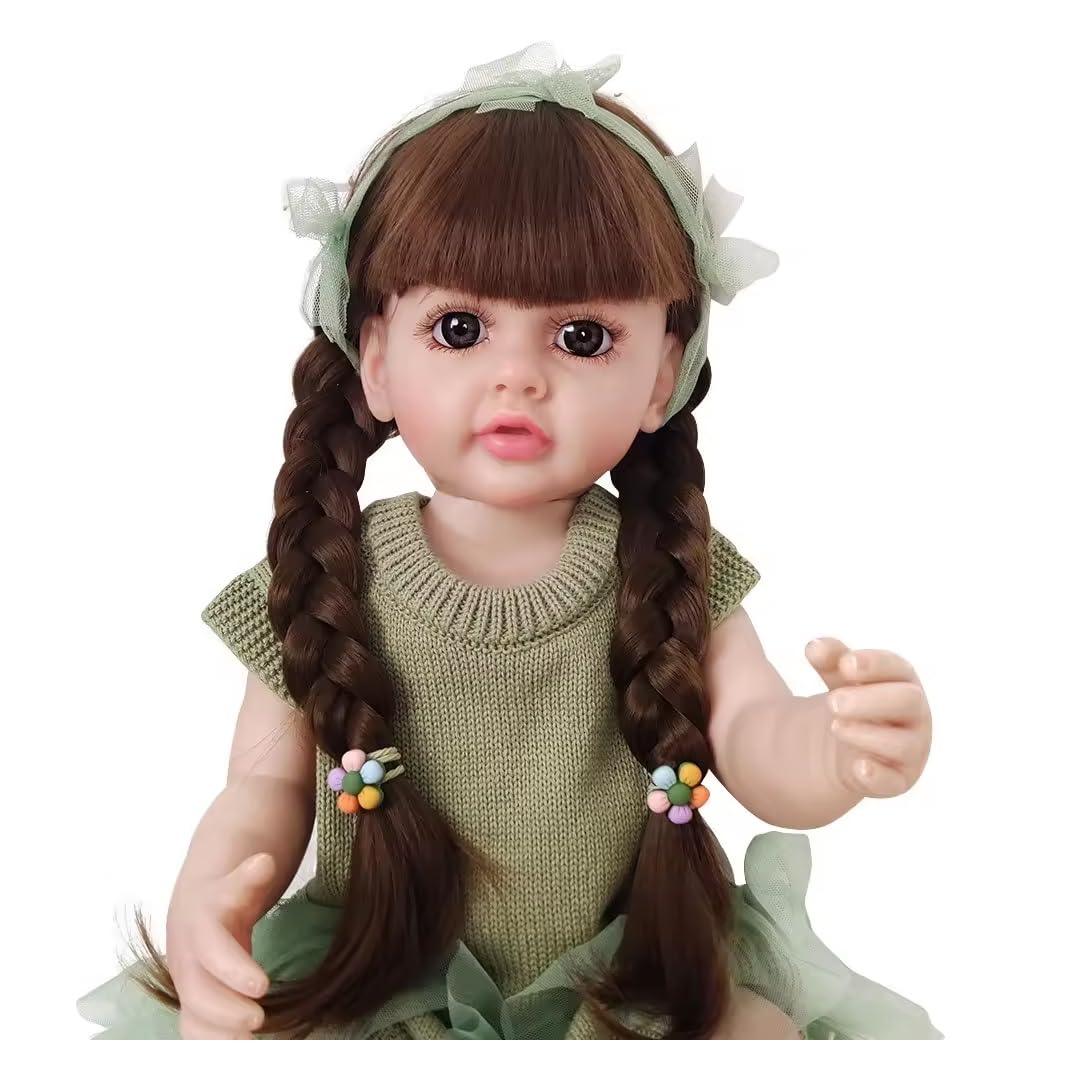 Lifelike Reborn Baby Girl Doll – Toddler with Realistic Sound & Brown Hair And Light Green Knitted Outfit With A Soft Net Skirt