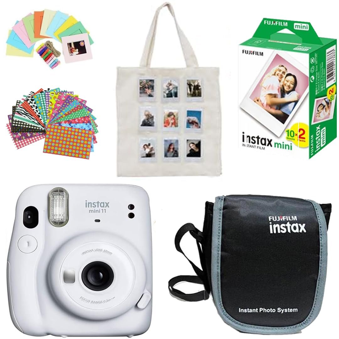 Fujifilm Instax Mini 11 Instant Camera + 20 Photo Shots + Photo Hanging 1 Set + Photo Stickers 1 Set + Carrying Case + Custome Photo Tote Bag - Ice White