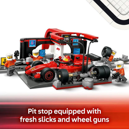 LEGO City 60443 F1 Pit Stop & Pit Crew with Ferrari Car Toy - Formula 1 Set incl. a Driver Minifigure, 4 Mechanics, Spare Tyres & Wheel Guns - Building Toys for 6+ Year Old Boys & Girls