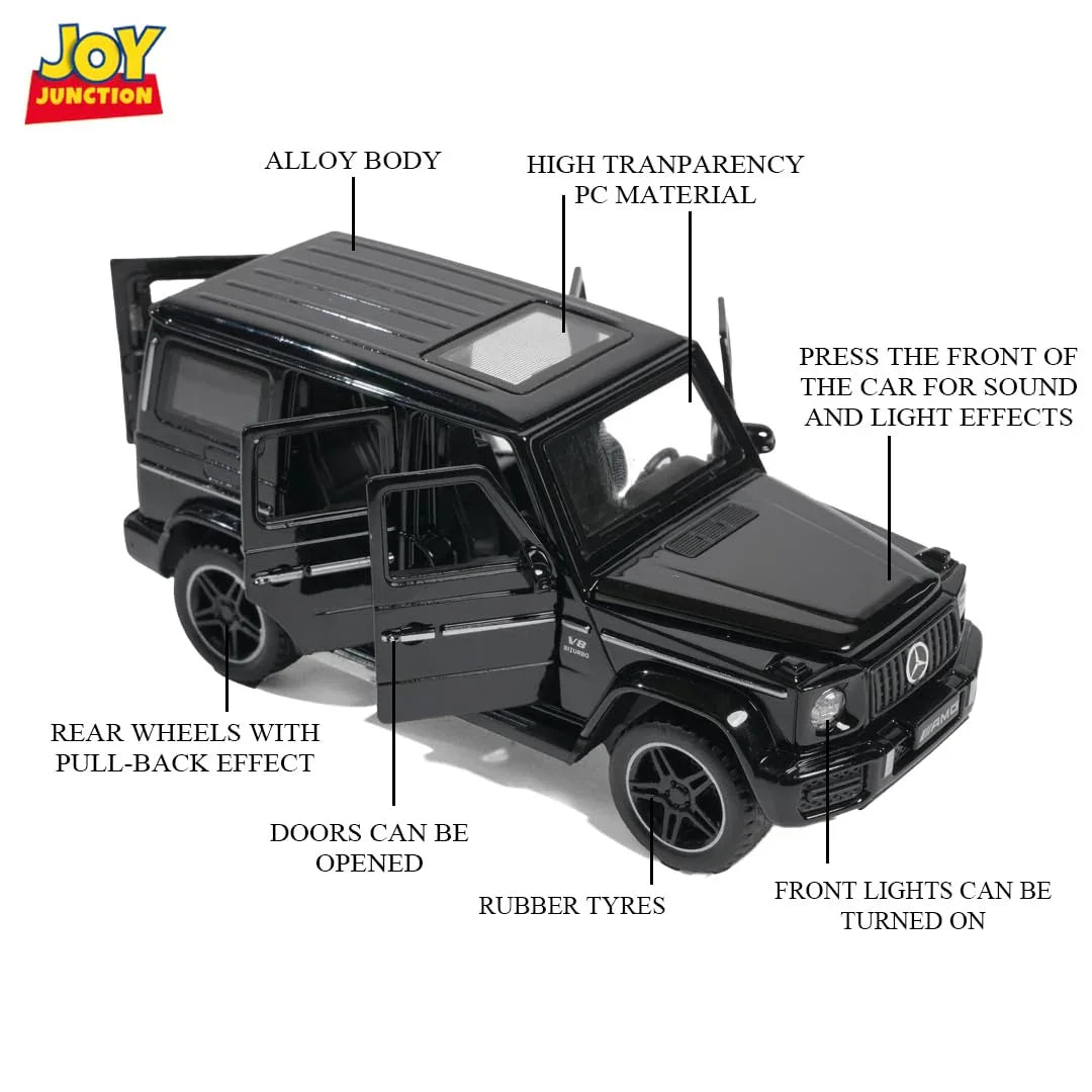 JOY JUNCTION Mercedes-Benz 1:32 Scale Alloy Metal Pullback Die-Cast Car – Black with Lights, Music & Openable Doors - Jaiman Toys