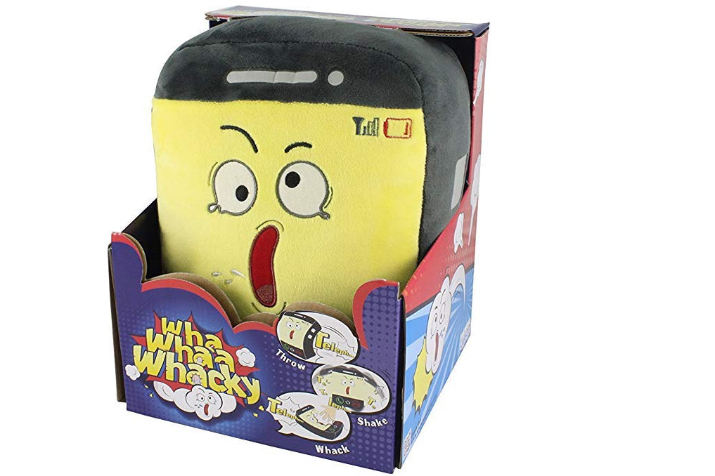 Yellow character plush toy in a box with cartoonish design on a white background