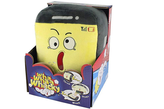 Yellow character plush toy in a box with cartoonish design on a white background
