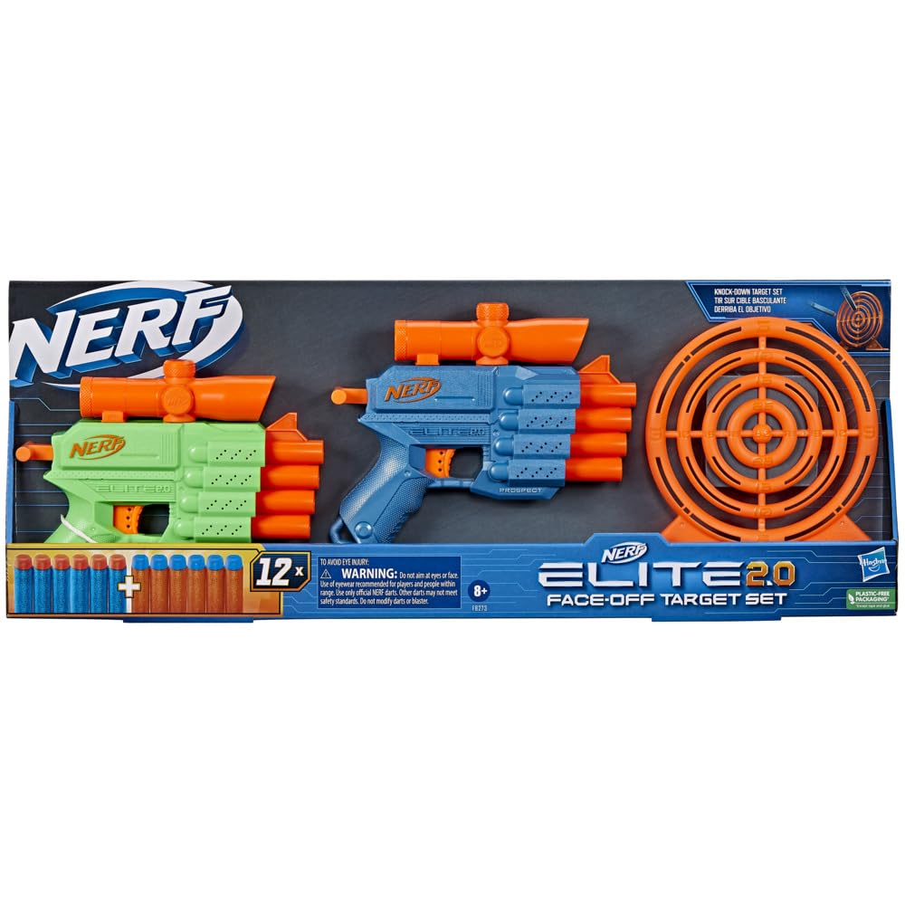 Nerf Elite 2.0 Face Off Target Set,Includes 2 Dart Blasters & Target & 12 Nerf Elite Darts,Toy Foam Blasters for Kids Outdoor Games,Multicolor