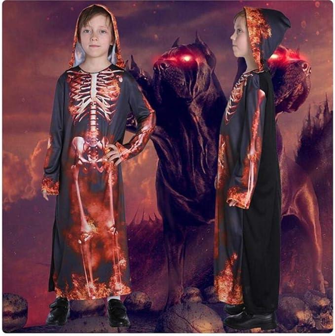 Kids’ Red Skeleton Hooded Robe Halloween Costume – Flame Skull Cosplay Outfit