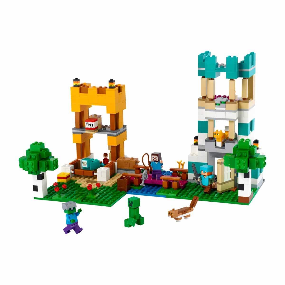 LEGO Minecraft 21249 Crafting Box 4.0: Build Your Adventure with Alex, Steve & Creeper Mobs – 2-in-1 River Tower or Cat Hut Fun