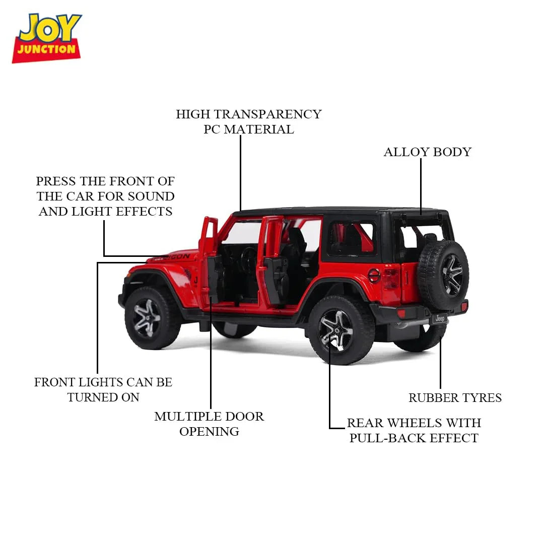 JOY JUNCTION Jeep Rubicon 1:32 Scale Die-Cast Alloy Model Car with Pullback Action, Openable Doors, Light & Music – Red - Jaiman Toys