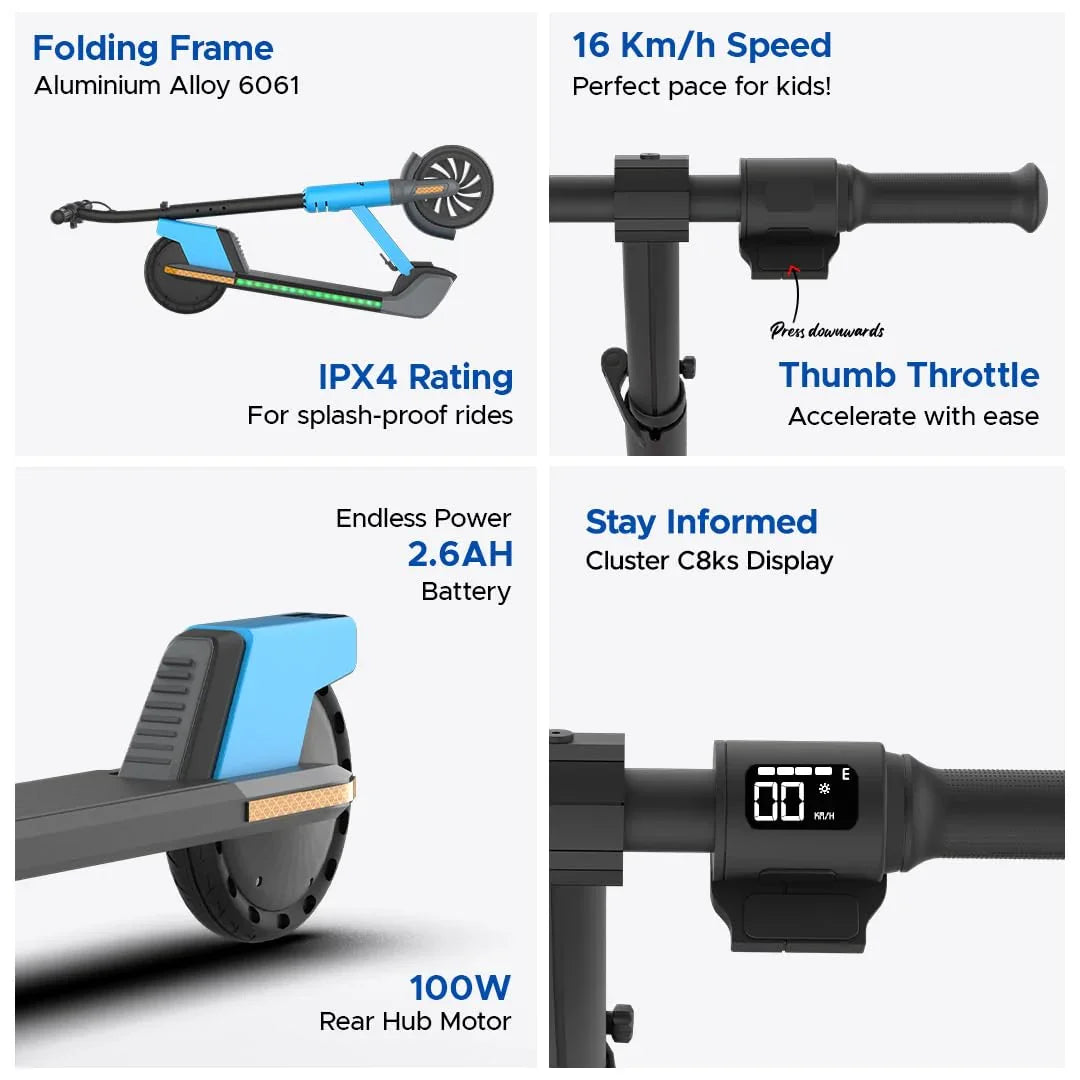 EMotorad Lil E Junior Electric Kick Scooter – Foldable Frame, 100W Motor, 2.6Ah Battery, for Kids 6+ Years - Jaiman Toys