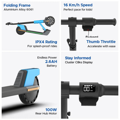 EMotorad Lil E Junior Electric Kick Scooter – Foldable Frame, 100W Motor, 2.6Ah Battery, for Kids 6+ Years - Jaiman Toys