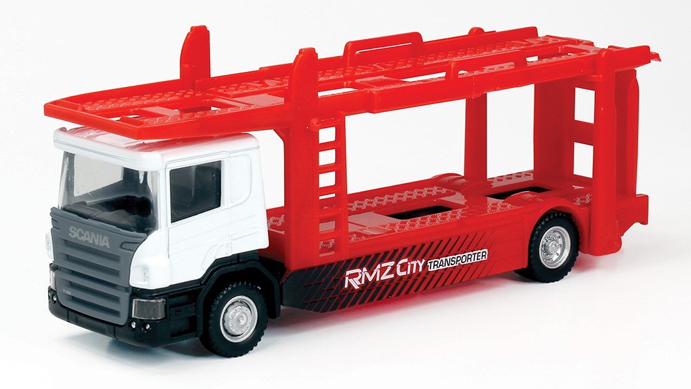 RMZ City 1:64 Scania P-Series Car Carrier Transporter Truck Die-Cast Model – White Cab with Red Trailer