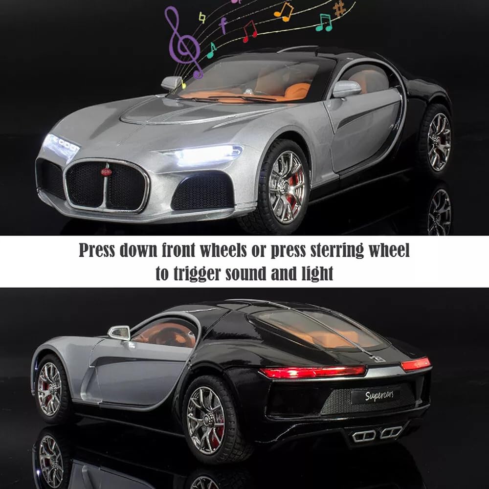 Joy Junction 1:24 Bugatti Chiron Atlantic Scale Die-Cast Model Car with Sound, Light & Pull Back Action – Premium Metal Hypercar Collectible (Silver/Black)