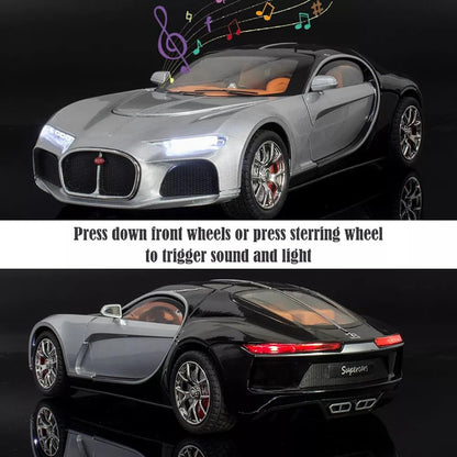 Joy Junction 1:24 Bugatti Chiron Atlantic Scale Die-Cast Model Car with Sound, Light & Pull Back Action – Premium Metal Hypercar Collectible (Silver/Black)