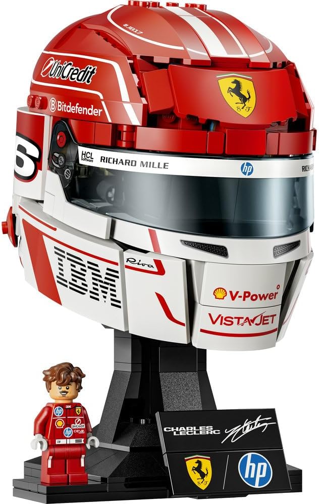 LEGO 43014 Editions Scuderia Ferrari HP Charles Leclerc Helmet - F1 Merchandise - Display Model Kit w/Collectible Minifigure - Gift for 14+ Year Old Boys & Adult Motorsport Fans
