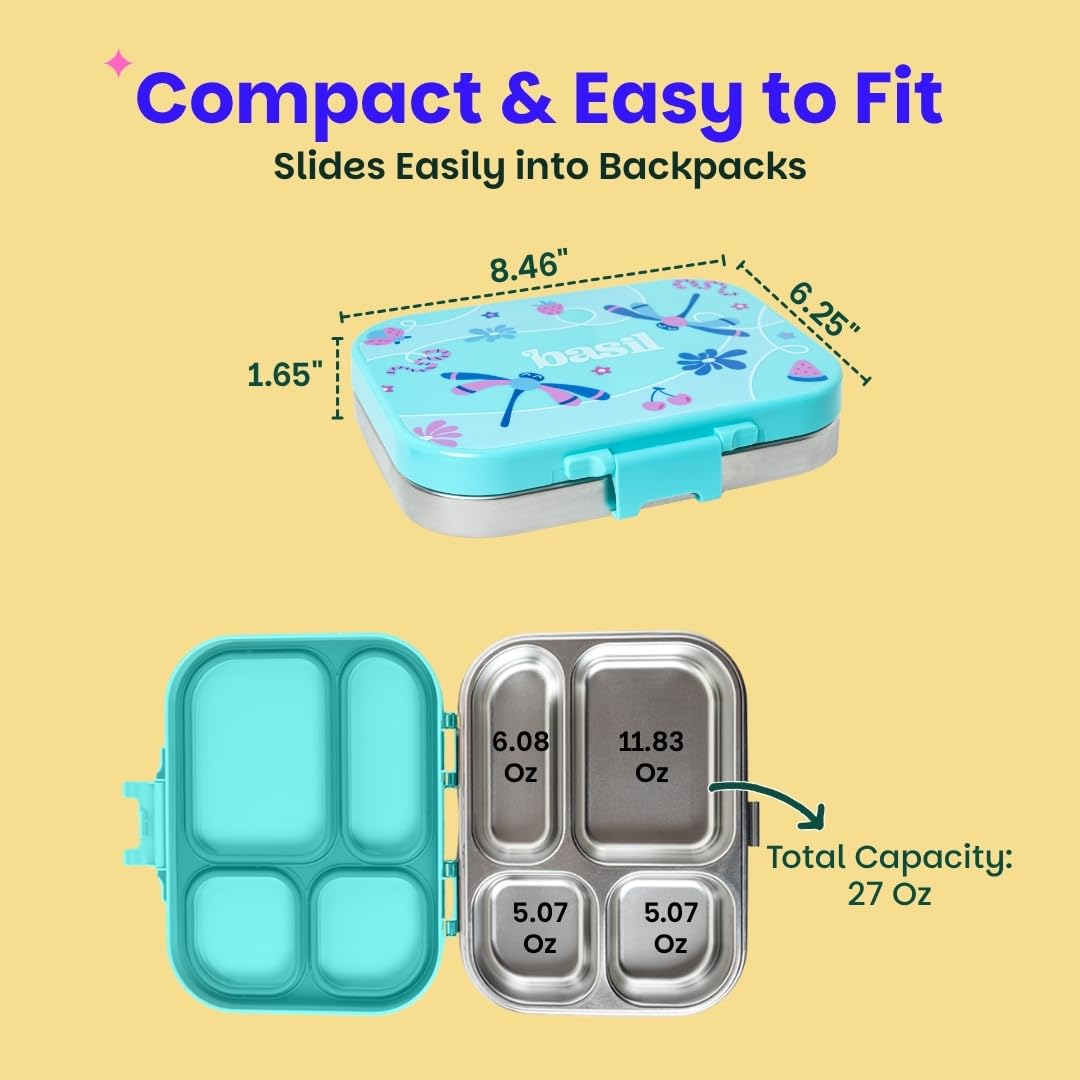 Basil Bento Box Quad 800ml Stainless Steel Lunch Box – 4-Section Leak-Proof Tiffin Box for Kids & Adults