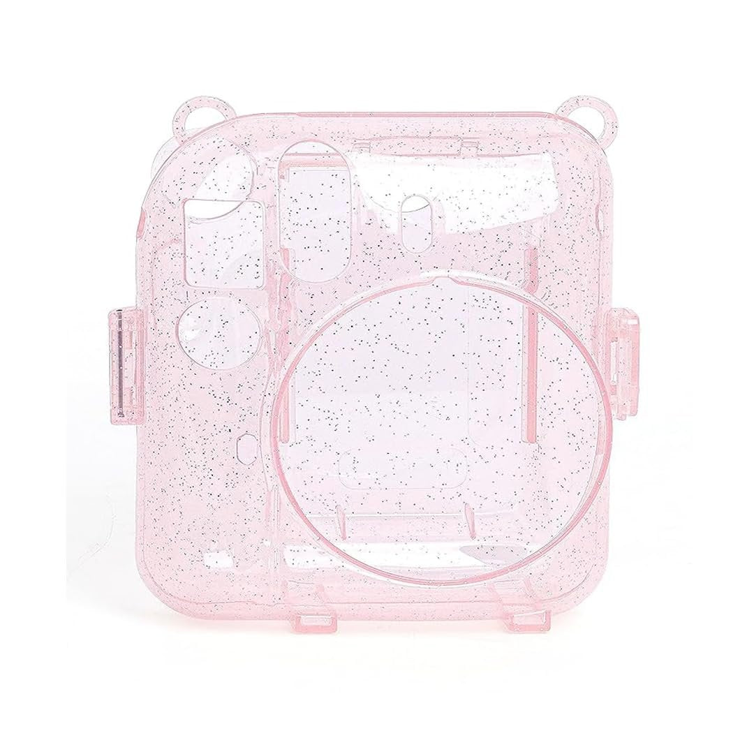 Fujifilm Instax Clear Storage Case for Instax Mini 12 Camera Case Transparent with Shoulder Strap and Camera Sticker with Photo Pocket for Store 10 Photos- Blossom Pink