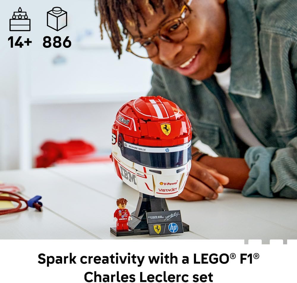 LEGO 43014 Editions Scuderia Ferrari HP Charles Leclerc Helmet - F1 Merchandise - Display Model Kit w/Collectible Minifigure - Gift for 14+ Year Old Boys & Adult Motorsport Fans
