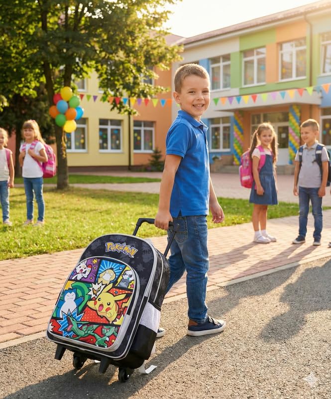STRIDERS Pokémon School Bag for Kids – 40 cm Rolling Trolley Backpack with Wheels & Padded Straps