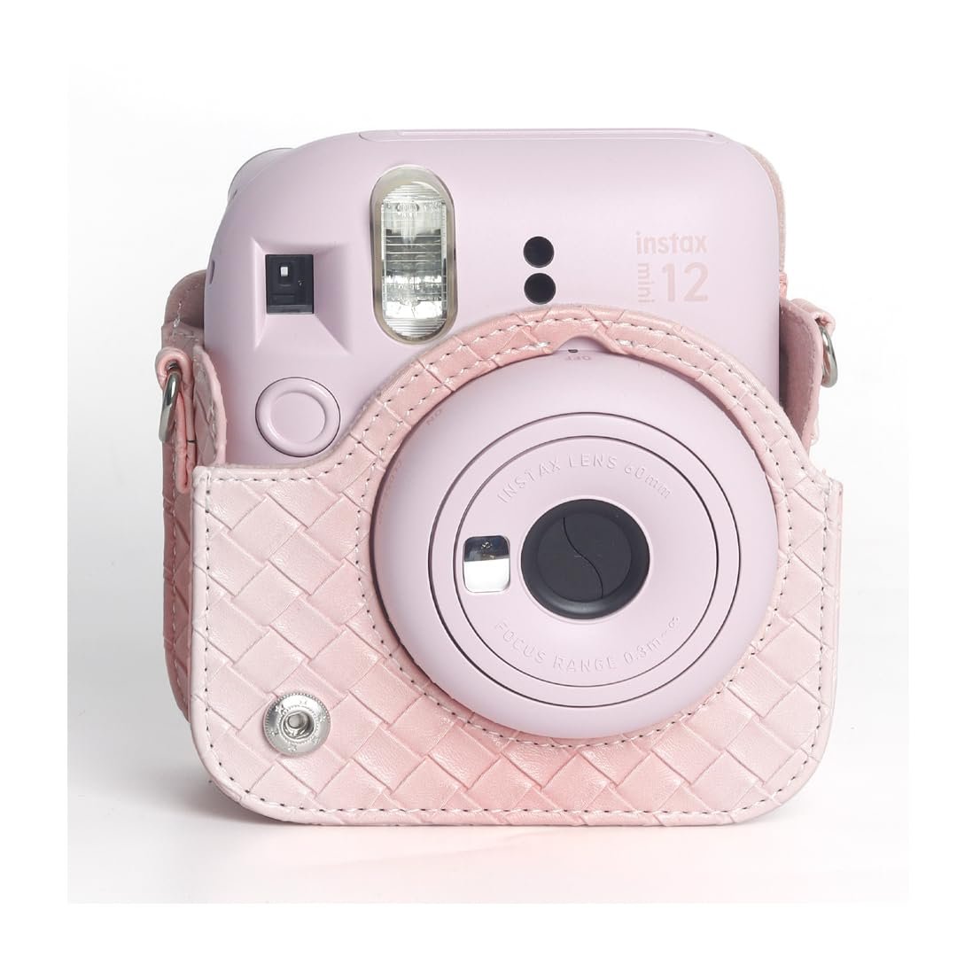 Fujifilms Instax Mini 12 Instant Camera PU Leather Case! Rain Proof Soft Camera Protective Case with Shoulder Strap - Blossom Pink