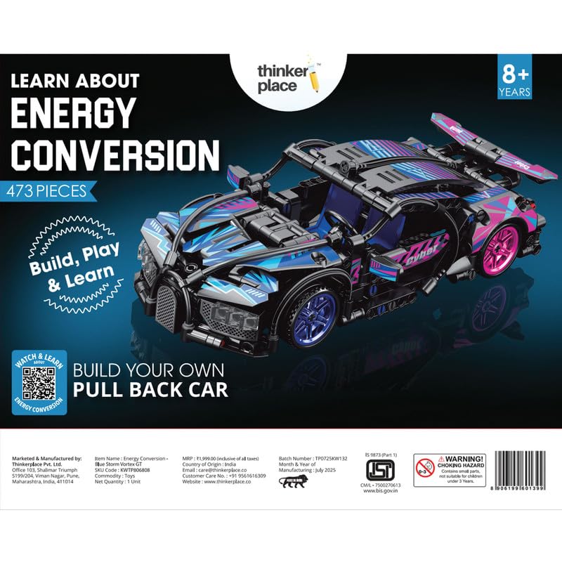 ThinkerPlace 1:18 DIY Blocks Pull-Back Car – Black & Blue | Buildable STEM Construction Racing Toy for Kids 8+