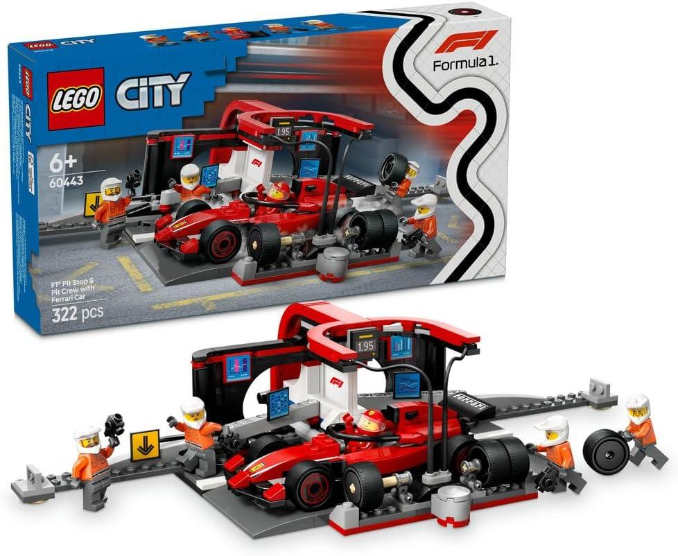 LEGO City 60443 F1 Pit Stop & Pit Crew with Ferrari Car Toy - Formula 1 Set incl. a Driver Minifigure, 4 Mechanics, Spare Tyres & Wheel Guns - Building Toys for 6+ Year Old Boys & Girls