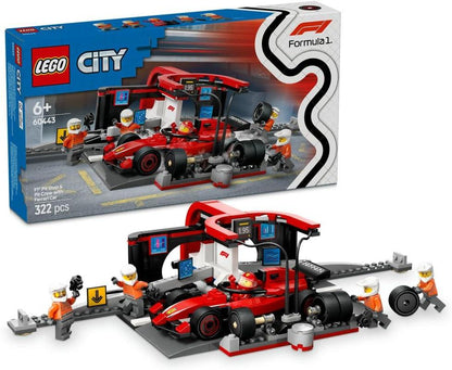 LEGO City 60443 F1 Pit Stop & Pit Crew with Ferrari Car Toy - Formula 1 Set incl. a Driver Minifigure, 4 Mechanics, Spare Tyres & Wheel Guns - Building Toys for 6+ Year Old Boys & Girls