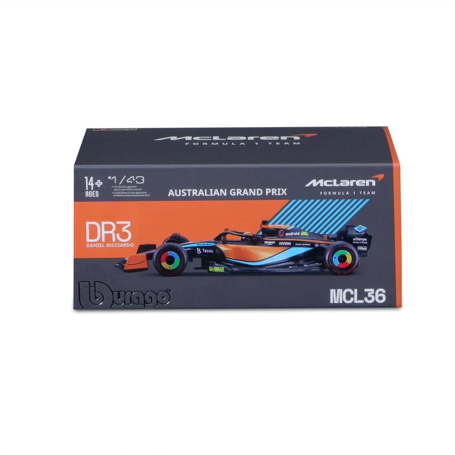 Bburago 1:43 McLaren MCL36 #3 Ricciardo 2022 – Diecast Model with Case - Jaiman Toys