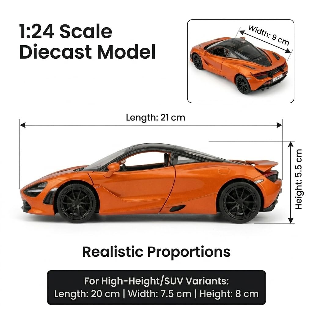 Joy Junction 1:24 Scale McLaren 720S Die-Cast Model Car | Pull Back Sports Car with Sound & Light | Orange Collectible Toy Car