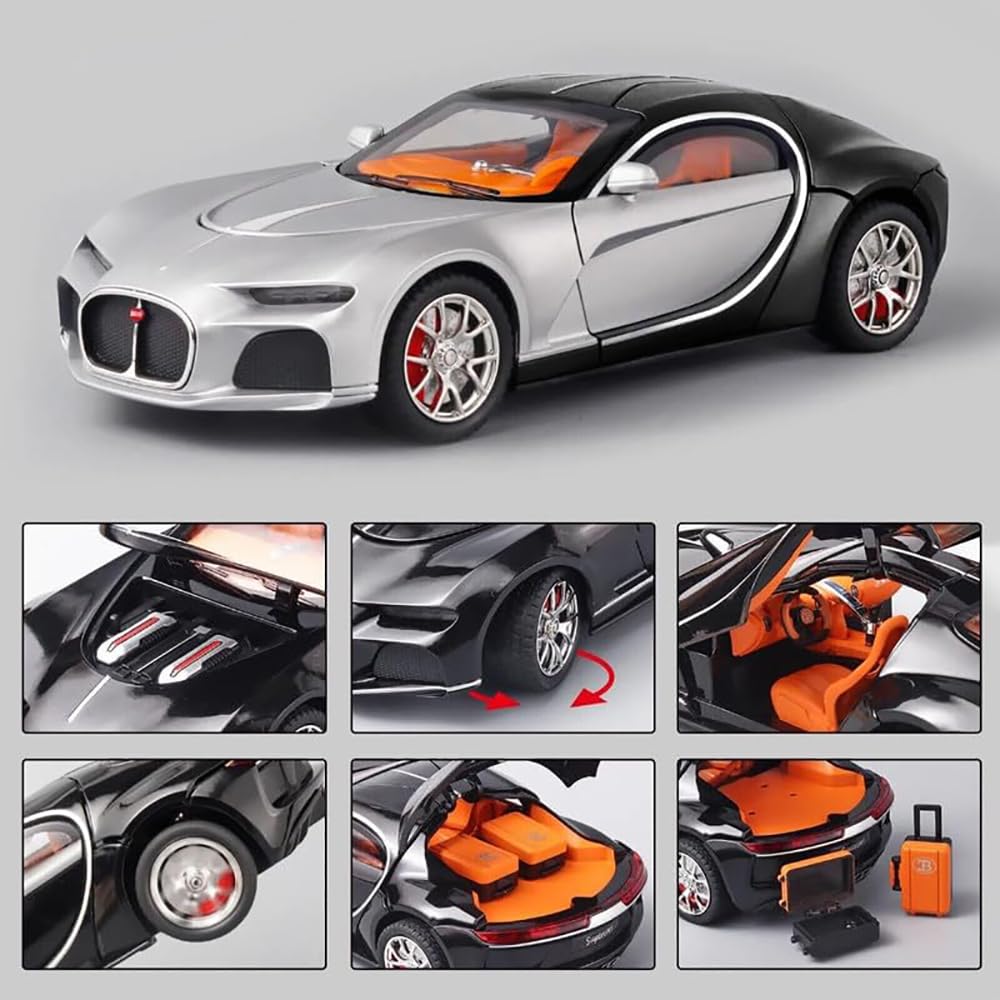 Joy Junction 1:24 Bugatti Chiron Atlantic Scale Die-Cast Model Car with Sound, Light & Pull Back Action – Premium Metal Hypercar Collectible (Silver/Black)