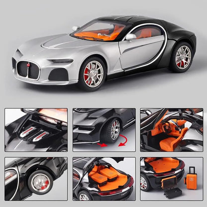 Joy Junction 1:24 Bugatti Chiron Atlantic Scale Die-Cast Model Car with Sound, Light & Pull Back Action – Premium Metal Hypercar Collectible (Silver/Black)