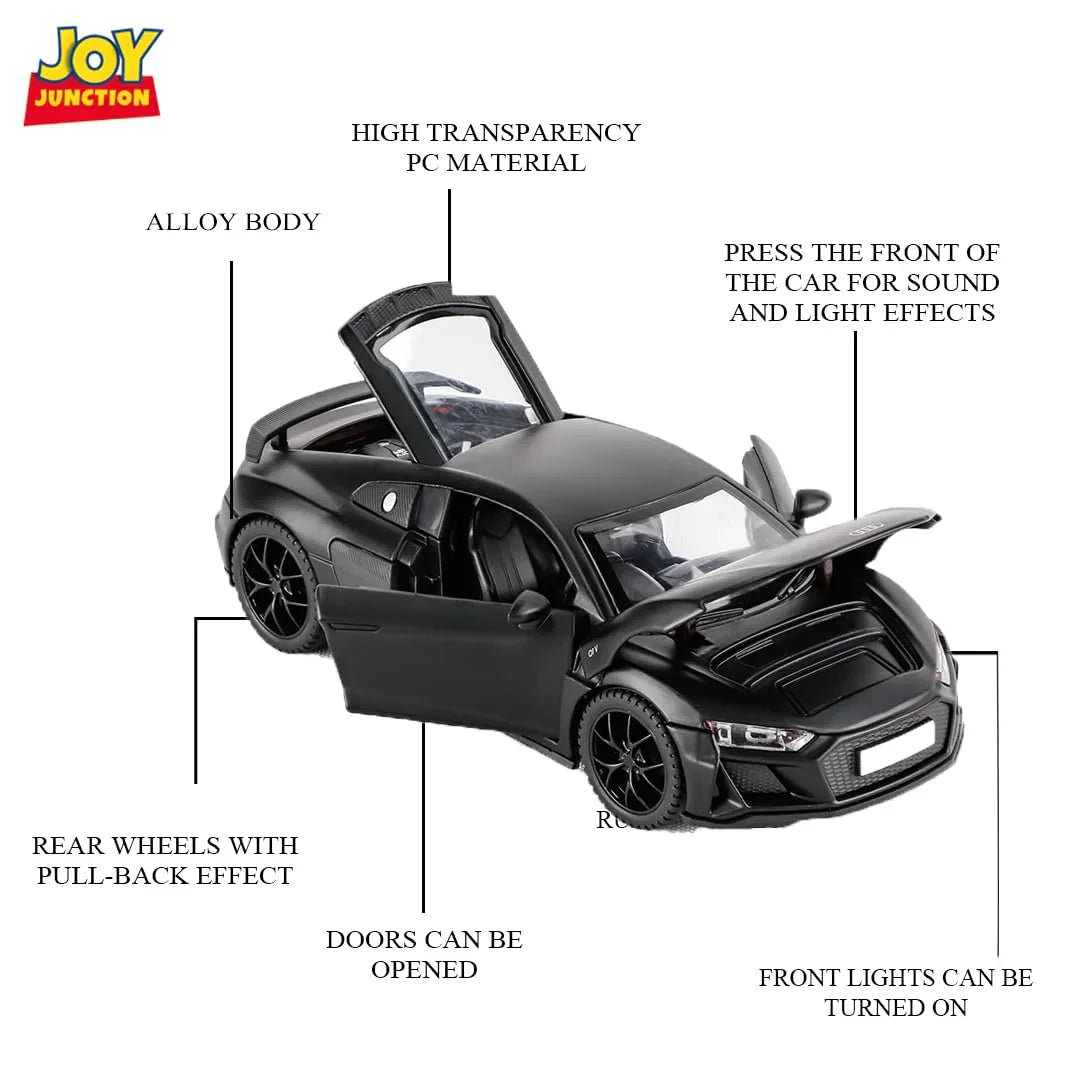 JOY JUNCTION Audi 1:32 Scale Alloy Metal Pullback Die-Cast Car – Black Model with Lights, Music & Openable Doors - Jaiman Toys