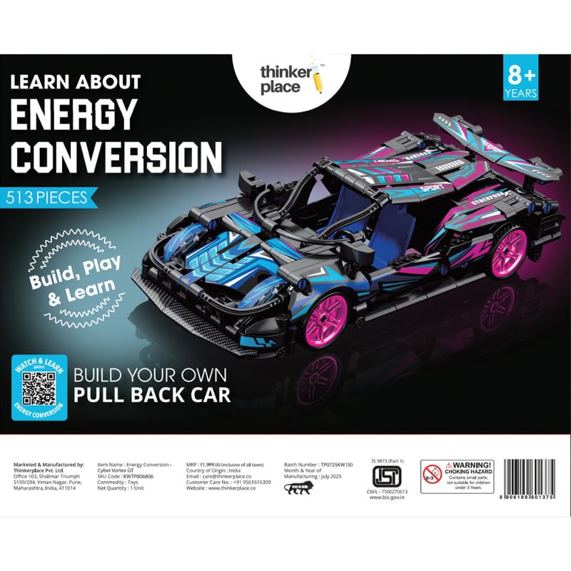 ThinkerPlace 1:18 DIY Blocks Pull-Back Car – Pink & Black | Buildable STEM Construction Racing Toy for KidsV 8+