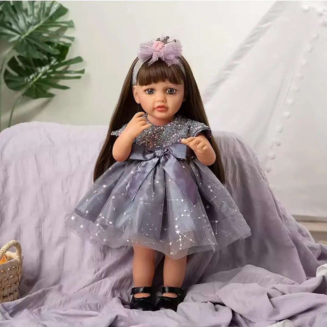 Lifelike Reborn Baby Girl Doll – Toddler with Realistic Sound & Brown Hair And  Purplish Grey OutFit